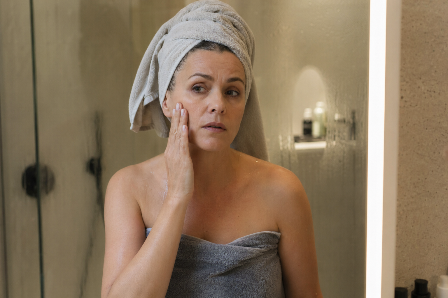 Person stepping out of a steamy shower